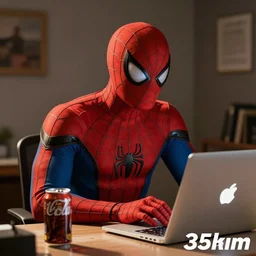 “Spider-Man sitting at a desk using a laptop with a can of cola, 35mm Nikon”
