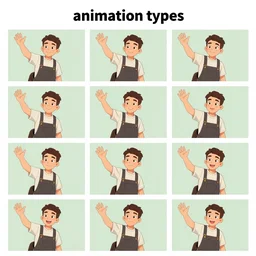 an animation of the same man waving his arm from left to right shot frame by frame, separated into equally sized frames, from'animation types'