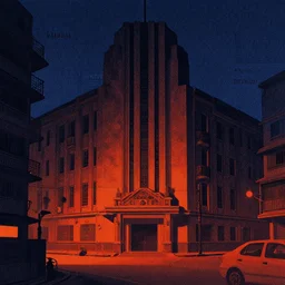 calcutta by mads berg, karolis strautniekas, film noir, stippled light, dramatic lighting, editorial illustration, detailed, fine texture, matte print, art deco, brutalism, dark blue + dark orange, red, black, ( ( habitat 6 7 background ) ) 1 0 2 4
