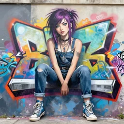 punk girl sitting on extreme 3 d graffiti tag mural maximalism by atey ghailan, by greg rutkowski, by joe fenton, yellow, brown, black and cyan color scheme, octane render