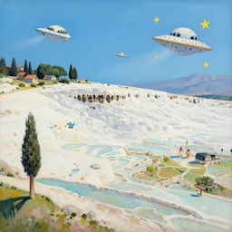 Pamukkale landscape in the style of Dr. Seuss, starships, painting by Raphael Lacoste