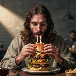 jesus christ eating a burger, artwork by boneface, behance, artstation