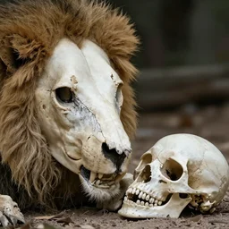 a photography of a lion skull kissing a young male human skull, detailed, 4k