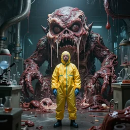 a single man in a yellow hazmat suit looks on helplessly as a giant drippy meat monster grows out of control in a creepy bunker science lab