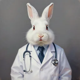 a white bunny doctor wearing stethoscope and tie. digital art artstation. realistic oilpainting.