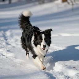 A mostly black border collie with a white spot on her forhead playing in the snow, photorealistic
