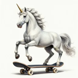 unicorn riding a skateboard, ultra realistic illustration, intricate, elegant, highly detailed, digital painting, artstation, concept art, smooth, sharp focus, illustration, art by artgerm and greg rutkowski and alphonse mucha
