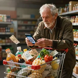 old wrinkled man paying for groceries using his smartphone, shopping cart overfilled with groceries, groceries, smartphone displays a qr code, money scattered everywhere