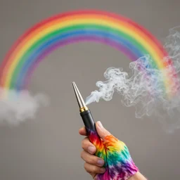 rainbow tie dye smoke coming out of a blunt, muted primary colored rainbow, clouds, hippies