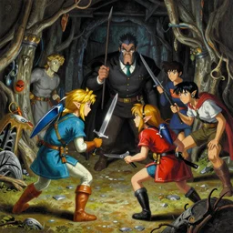 an airbrush depiction of the encounter with the boss of the first dungeon from the legend of zelda ( 1 9 8 6 ), by george bellows, by lindsay pickett, by hiroo isono, by ralph bakshi, death stranding aesthetic