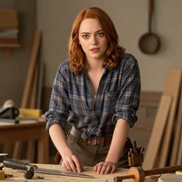 A full body shot of Emma Stone dressed as a carpenter,, high quality, fully detailed, 4k, inspired by the song work , her beautiful eyes are fully detailed and in focus