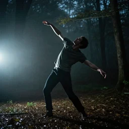 a smudged, scratched, grainy and blurry photograph showing the whole body of a young tall man dynamically and frenetically dancing in the dark forest. it's a wild and unpredictable dance. in the foggy woods, night time, flash lights