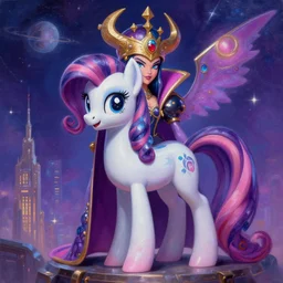 A cyborg Rarity (from My Little Pony Friendship is Magic) as the ultimate tyrant emperor of the universe. Realistic sci-fi cyberpunk concept. Trending on ArtStation. A vibrant digital oil painting. A highly detailed fantasy character illustration by Wayne Reynolds and Charles Monet and Gustave Dore and Carl Critchlow and Bram Sels