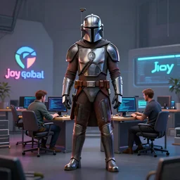 mandalorian, logo, developers, progamming, company, color joy global illumination ray tracing hdr fanart arstation concept art, matte, by anton fadeev by beeple and thomas kinkade 4 k, trending on artstation