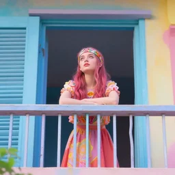 a vibrant dream of nostalgic psychedelic hallucination of a girl from behind on a balcony looking over a very beautiful street in kyoto japan, lush plants and lanterns, a beautiful woman wearing a gucci dress, high fashion, by moebius, edward hopper and james gilleard, zdzislaw beksinski, james jean, steven outram hd, 8 k, artstation