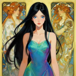 a beautiful girl, dress, long black hair, bule eyes, skinny octane render, vivid colors, artstation, painting by artgerm, face by wlop, by greg rutkowski, by jeremy mann, by alphonse mucha, by boris vallejo.