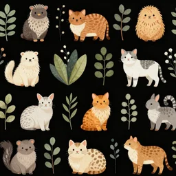 cute animals and plants on a black background, wallpaper, Illustration, Anatomical Drawing, Painting