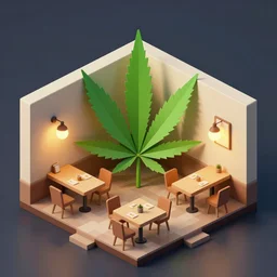 isometric cartoon of cannabis leaf cafe with desks and chairs, by benoit mandelbrot, low poly minimal interior design