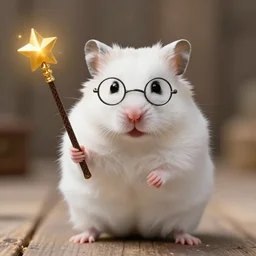 white hamster holding a magic wand with harry potter hair and glasses