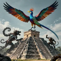 : cinematic quetzalcoatl battling monsters on top of a pyramid
