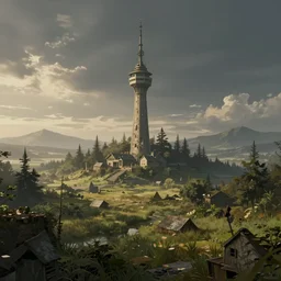 a serene landscape with a tower by ross tran, rhads, tim hildebrandt, cinematic lighting, extremely detailed, concept art, trending on artstation, behance hd, wide shot