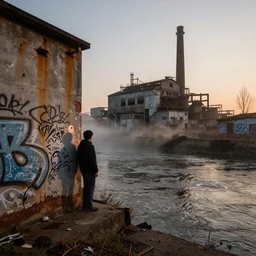 photorealistic image depicting the shadow of a man falling on an old rusty wall near a small river going into a foggy sunset against the backdrop of an old abandoned factory, all the walls of which are covered in graffiti