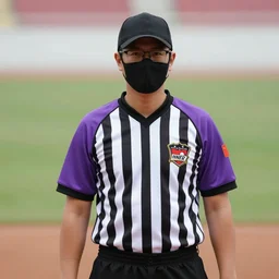 a bot dressed as a referee wearing a uniform with purple, black, and white stripes