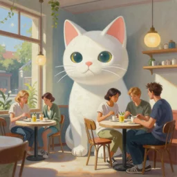 a mixed media closeup portrait painting of the interior of an aesthetic cat - themed cafe, minimalist, by frank frazetta, thomas kinkade, greg rutkowski, beeple, yoko taro, christian macnevin, beeple, wlop and krenz cushart, epic fantasy character art, volumetric outdoor lighting, midday, high fantasy, cgsociety, cheerful colours, full length, exquisite detail, post - processing, masterpiece, cinematic