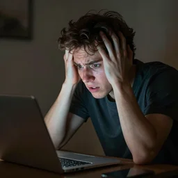 a person looking at his laptop, anxious mode, fear, digital art