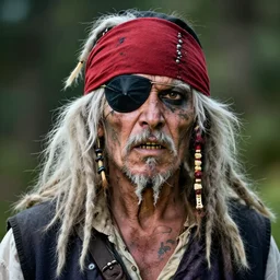one eyepatch | photo portrait | white hair | very old and rugged | dirty very skinny pirate | tattoos on face | white dreadlocks hair | crooked teeth | wearing a red headband and black hat | very detailed photo | sigma lens 70mm