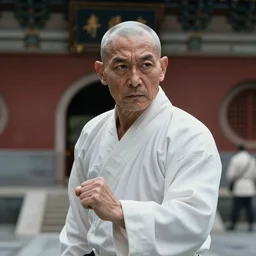 an insanely stunning portrait of kungfu master in shaolin temple, motion blurred background, photorealism, cinema still, photography, porcelain skin, wrinkles, smooth, volumetric studio lighting, portrait photography, award winning photography, insane details, 8 k high definition, artstation