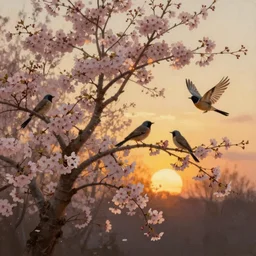 birds on cherry tree, serene, graceful, sunset at golden hour, digital painting, Dada