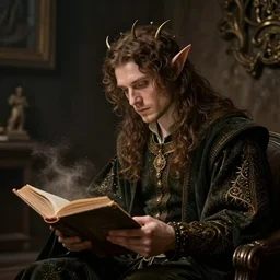 a 1 3 th century, enigmatic, melancholic, fae king ( look like ( ( forthy years old james frain ) ), is ( ( reading an old book ) ). light dust, magnificent, hyperdetailed, theatrical, painted by rembrandt
