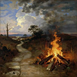 a narrow path to the left goes to the sky, and another wide path goes to the fire pit. religious art, masterpiece. in a combination of thomas cole and paul gustav fischer.