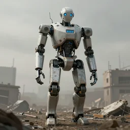A large humanoid robot, full body, facing forward, bleak tone, post apocalyptic, Nuttavut Baiphowongse, Mark Armstron, amad, rendered by octane, 8k, ultra 8k, hyper realistic, photorealistic, photo