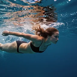 woman swimming and breaking the surface of the water, underwater photography with light scattering and water refractions, smooth