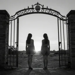 Twin girls at iron gate at sunset - black and white photo