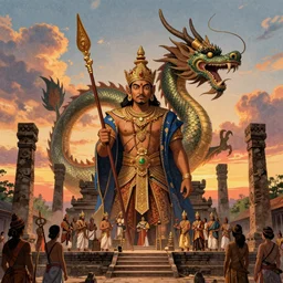 King Rajasanagara coronation day in ancient Majapahit kingdom, clear sunset sky with ambient Barong dragon clouds in the background, in the style of Guillermo del Toro and Milt Kahl, xerography, concept art, ultra detailed, cinematic, illustration, trending on artstation