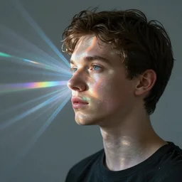 “Ivan the prismatic person, refracted light, caustics, light rays shining through, 4k photo”