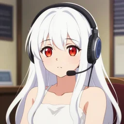 anime visual of a cute girl, with + ( ( red eyes ) ) + long white hair + ( ( wearing a headset in her room interior ) ), poster by yoshinari yoh, katsuhiro otomo, osamu tezuka