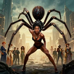 realistic detailed photorealistic film portrait shot of a beautiful black woman with a giant spider, sci fi city landscape background by denis villeneuve, amano, yves tanguy, alphonse mucha, ernst haeckel, david lynch, edward robert hughes, roger dean, necklace, dynamic pose, rich moody colours, wide angle, blue eyes