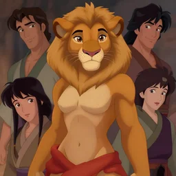 beautiful portrait of a female anthropomorphic lioness fursona dressed as a harem girl. exposed midriff and visible abs. character design by disney, charlie bowater, ross tran, artgerm, and makoto shinkai, detailed, soft lighting, rendered in octane