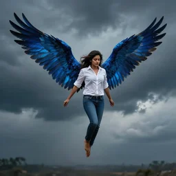 angel avan jogia with blue-indigo-feather wings. Shirt, barefoot and jeans. Flying in a stormy sky. Distant full body shot. Award winning photography