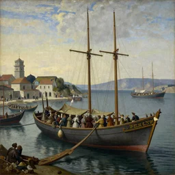 medieval large port painting in style of marc simoett