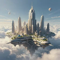 A professional digital painting of monumental futuristic city flying in clouds, by Greg Rutkowski and James Gurney, trending on Artstation, futuristic, ultra detail, octane render