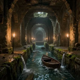 inside the ancient flooded sewers in the old part of the city. fantasy art, layers of architecture, adventure, wet, standing water, channel, canal, boat, lamp, running water, stream, channel, musty, moss, sewage, dark, underground, abandoned spaces, torch - lit. by piranesi and bierstadt