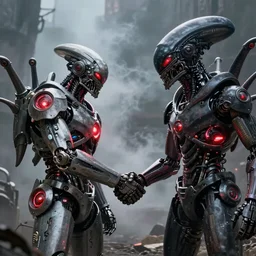 post - apocalyptic, a very strong robot with red enerygies, is shaking hands with a mighty alien creature that has multiple eyes. smoke. volumetric lighting, sharp focus, ultra detailed, cgsociety