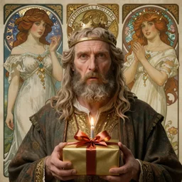 nostradamus trying to guess what his birthday gift is, art by artgerm and greg rutkowski and alphonse mucha, concept art, octane render, unreal engine 5, highly detailed, high quality, 8 k, soft lighting, realistic face, path traced