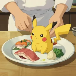 a shot of a beautiful delicious plate of food, a hand crafted chef artisan meal made of pikachu, amazing food illustration, chef table, in style of studio ghibli, miyazaki, anime