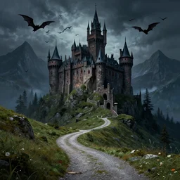 dracula's castle, dark mountains, bats in sky, omnious feeling, winding gravel path, carpathian mountains, illustration, epic, fantasy, intricate, hyper detailed, artstation, concept art, smooth, sharp focus, ray tracing, vibrant, photorealistic, jessica rossier
